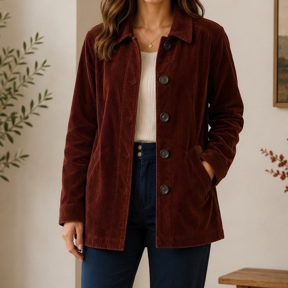 Chadwicks Jacket Burgundy Corduroy Pleated Back Barn Coat Dark Academia Cabin L